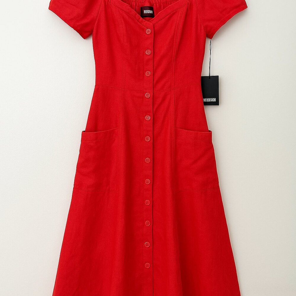Red Linen Off-Shoulder Midi Dress – New with Tags, Size 2